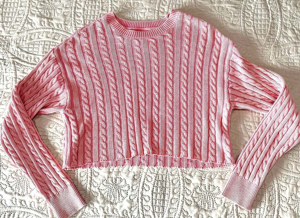 Aerie Cotton Cable Knit Pink Cropped Sweater Large